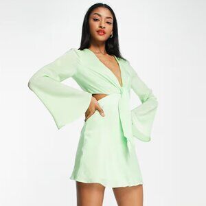 ASOS Tie Front Satin Mini Dress in Light Green
